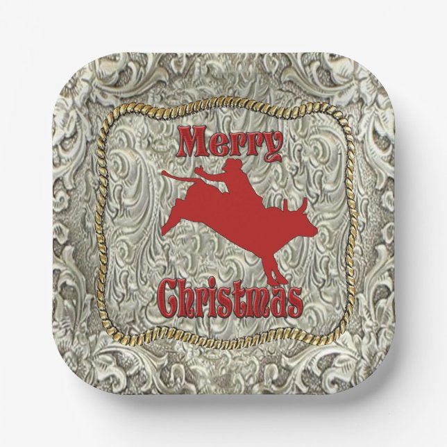 Silver Bull Rider Belt Buckle Christmas  Paper Plates (Front)