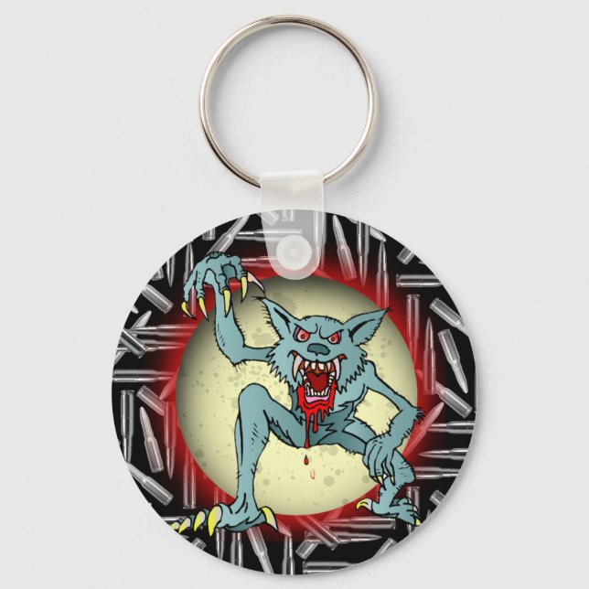 Silver Bullets, Gray Werewolf Full Moon Halloween Keychain (Front)