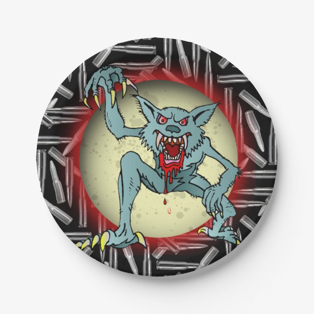 Silver Bullets, Gray Werewolf Full Moon Halloween Paper Plates (Front)