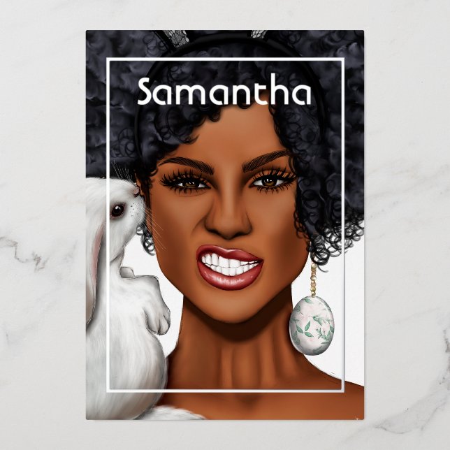 Silver Bunny Afro Birthday Party Foil Invitation (Front)