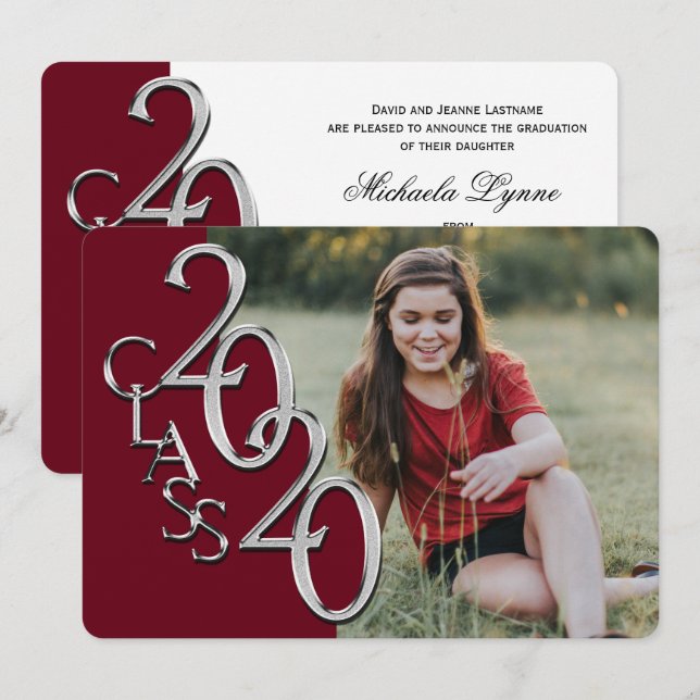 Silver Burgundy 2020 Photo Graduation Invitation (Front/Back)
