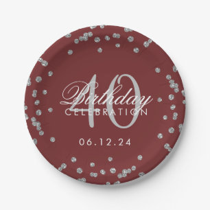 Silver Burgundy 40th Birthday Glitter Confetti Paper Plates