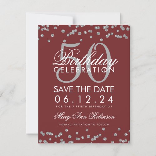 Silver Burgundy 50th Birthday Save Date Confetti Save The Date