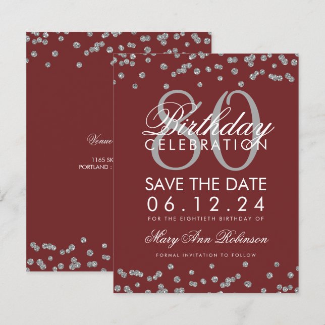 Silver Burgundy 80th Birthday Save Date Confetti Invitation (Front/Back)