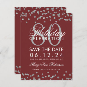 Silver Burgundy 80th Birthday Save Date Confetti Invitation