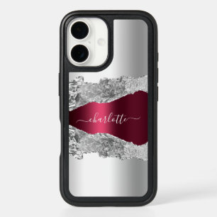 Silver burgundy agate marble metal name script iPhone 16 case