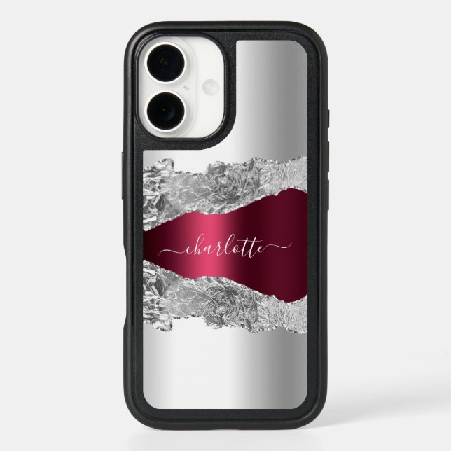 Silver burgundy agate marble metal name script otterbox iPhone case (Back)