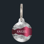 Silver burgundy agate marble name pet ID tag<br><div class="desc">Faux silver and burgundy metallic looking and agate,  marble stone print. Personalize and add a name on the front,  phone number on the back.</div>