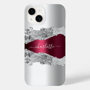 Silver burgundy agate marble name script Case-Mate iPhone 14 case