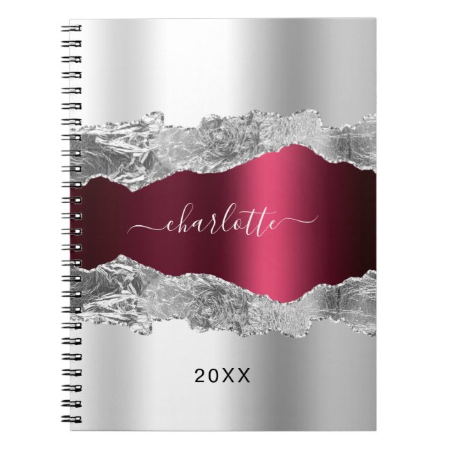 Silver burgundy agate marble name script notebook (Front)
