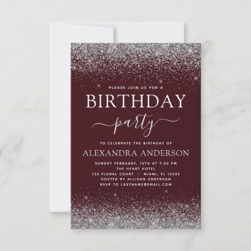 Silver Burgundy Any Age Birthday Glitter Modern Invitation