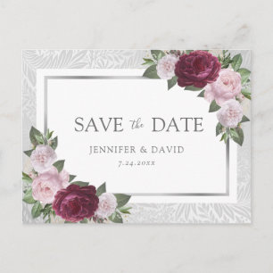 Silver Burgundy Blush Wedding Save The Date Announcement Postcard