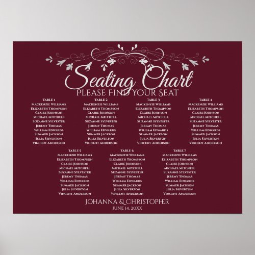 Silver Burgundy Chic 7 Table Wedding Seating Chart