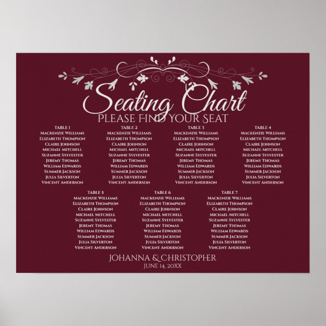 Silver Burgundy Chic 7 Table Wedding Seating Chart (Front)