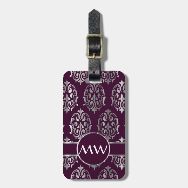 Silver & burgundy damask luggage tag (Front Vertical)