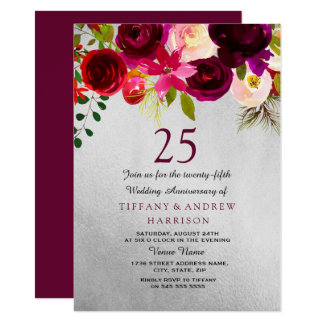 Silver & Burgundy Floral 25th Wedding Anniversary Invitation