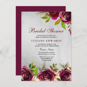 Silver Burgundy Floral Bridal Shower Invitation