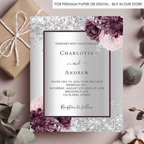 Silver burgundy floral budget wedding invitation flyer