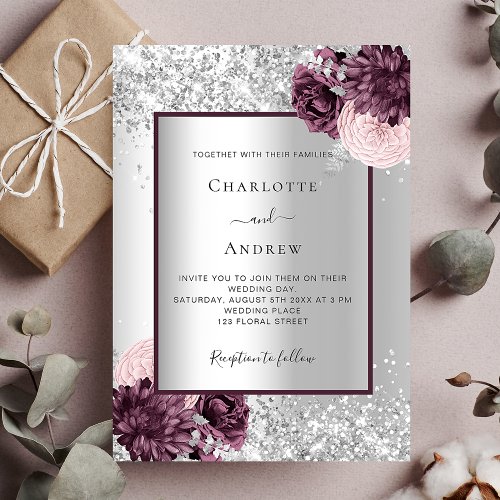 Silver burgundy floral elegant luxury wedding invitation