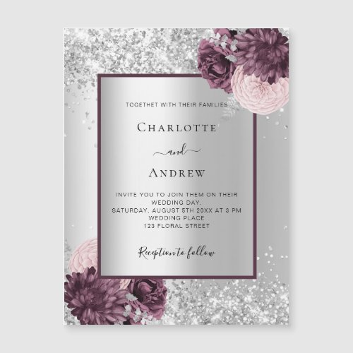 Silver burgundy floral elegant luxury wedding magnetic invitation
