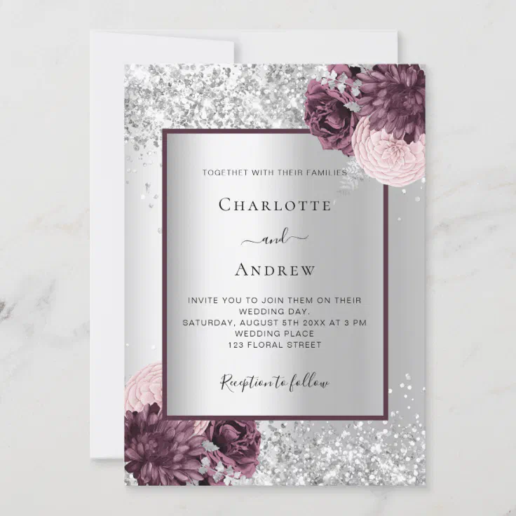 Silver burgundy floral elegant wedding invitation | Zazzle