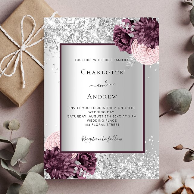 Silver burgundy floral elegant wedding invitation (Creator Uploaded)
