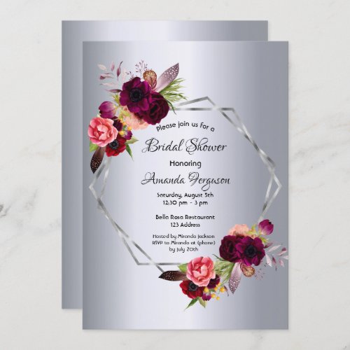 Silver burgundy floral geometric bridal shower invitation