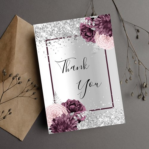Silver burgundy floral glitter elegant glamorous thank you card