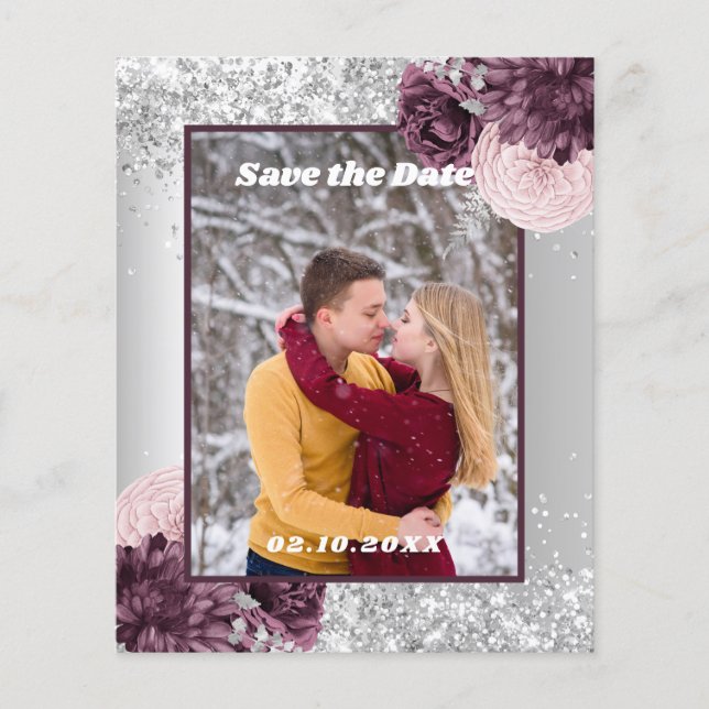 Silver burgundy floral photo Save the Date wedding (Front)
