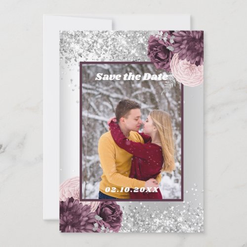 Silver burgundy floral photo Save the Date wedding