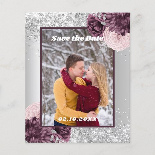 Silver burgundy floral photo Save the Date wedding Flyer