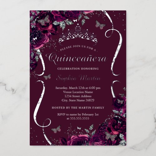 Silver Burgundy Floral Rose Butterfly Quinceanera Foil Invitation