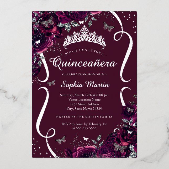 Silver Burgundy Floral Rose Butterfly Quinceanera Foil Invitation (Front)