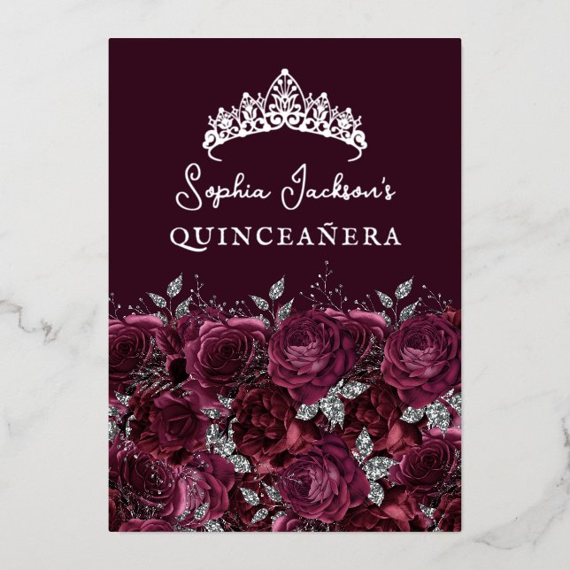 Silver Burgundy Floral Rose Quinceanera Foil Invitation (Front)