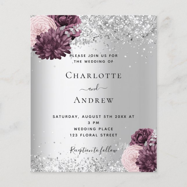 Silver burgundy floral wedding invitation (Front)