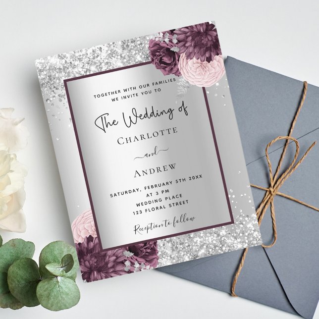 Silver burgundy floral wedding invitation (Creator Uploaded)