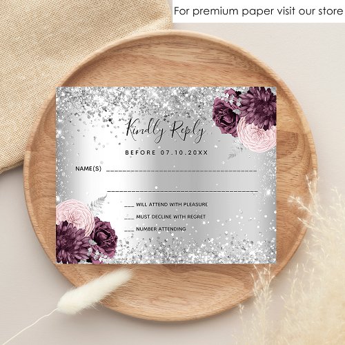 Silver burgundy florals budget wedding RSVP card Flyer