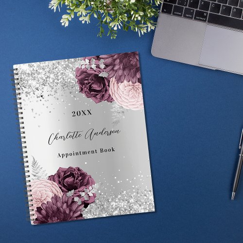Silver burgundy florals elegant glamorous 2023 planner