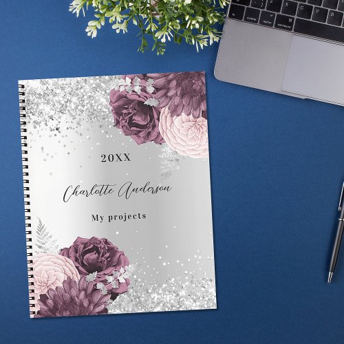 Silver burgundy florals elegant glamorous notebook