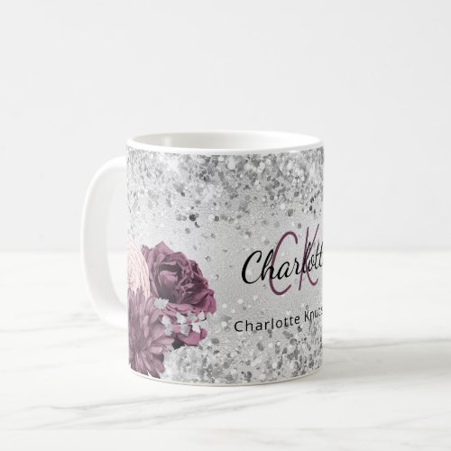 Silver burgundy florals elegant monogram name  coffee mug