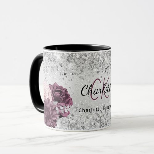 Silver burgundy florals elegant monogram name mug