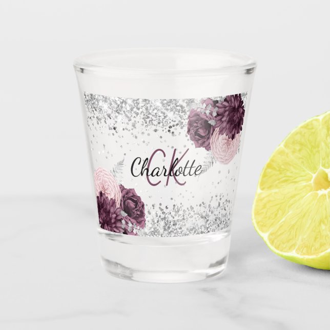 Silver burgundy florals elegant monogram name shot glass (Front)