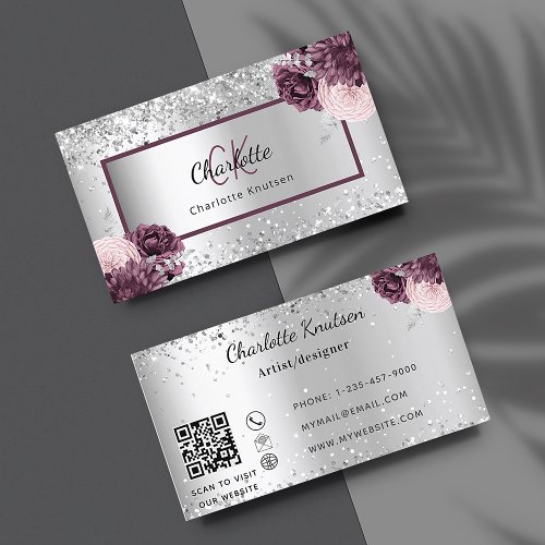 Silver burgundy florals elegant monogram QR code Business Card