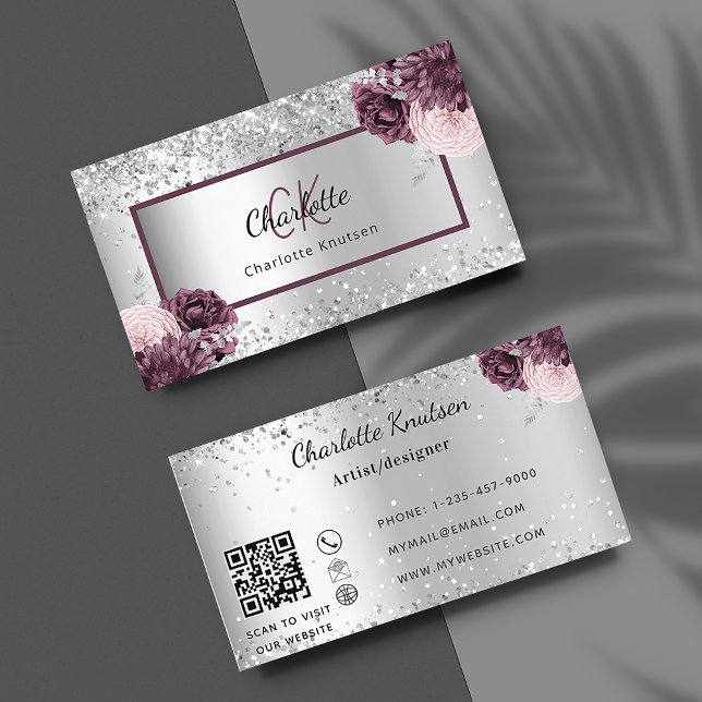 Silver burgundy florals elegant monogram QR code Business Card (Creator Uploaded)
