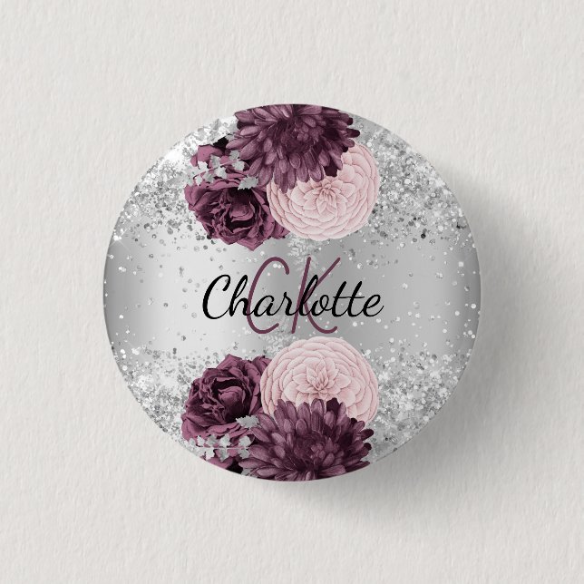 Silver burgundy florals elegant name tag button (Front)