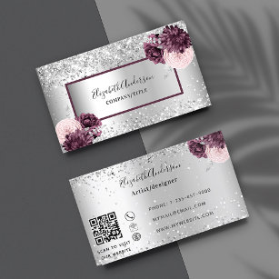 Silver burgundy florals elegant QR code Business Card