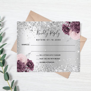 Silver burgundy florals glitter wedding RSVP card