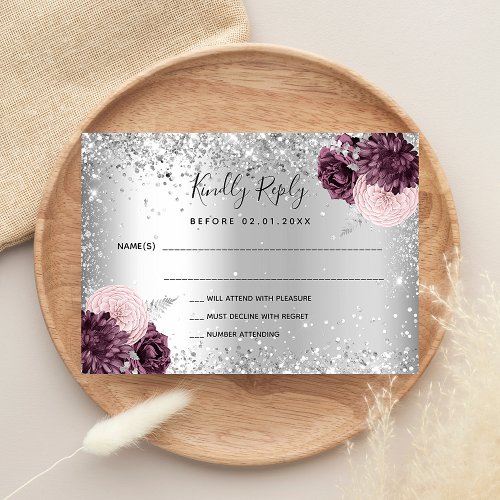Silver burgundy florals glitter wedding RSVP Note Card