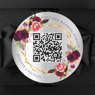 Silver burgundy florals gold geometric QR wedding Classic Round Sticker