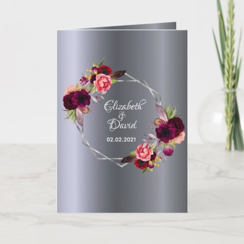 Silver burgundy florals photo wedding thank you card